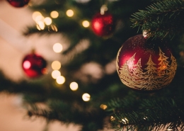 christmas ornaments and lights on Christmas tree