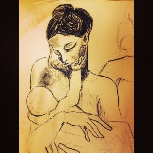 After Mother and Child, lithograph by Pablo Picasso (1905); charcoal drawing by Austin Shelley (1999)