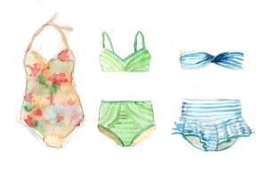 watercolor drawing of three women's swimsuits - one flowered 1-piece and two striped 2-pieces
