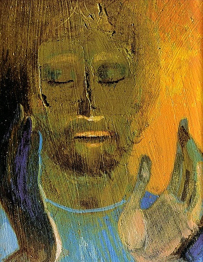 painting of a bearded man with eyes closed and calm look on face, with hands held open with fingers pointing upward, near the face