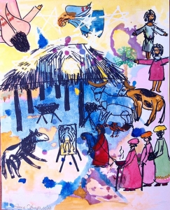 an ink drawing and watercolor picture on paper of the nativity of Jesus