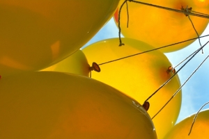 a bunch of inflated yellow balloons with strings attached