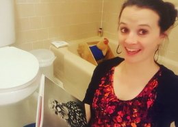 the author and her chicken in a bathtub
