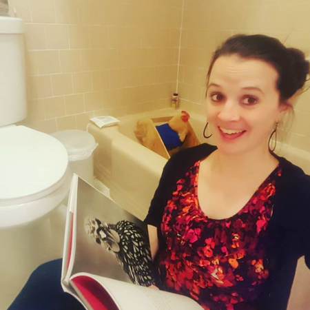 the author and her chicken in a bathtub
