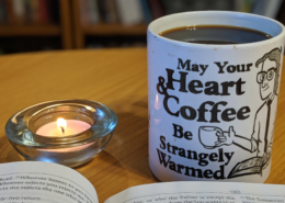 The author prays over her morning coffee.